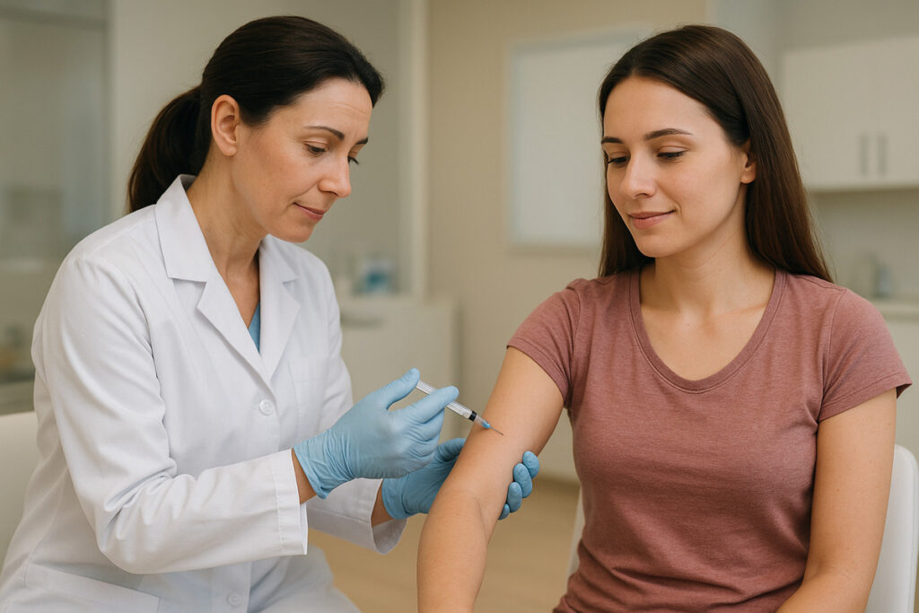 Doctor giving IVF injection to a female patient in a fertility clinic