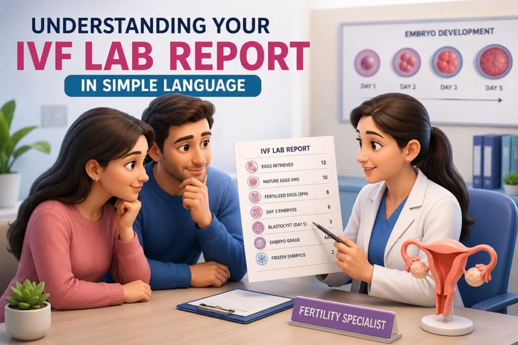 Doctor explaining an IVF lab report to an Indian couple, showing embryo grading, egg retrieval, and fertilization results