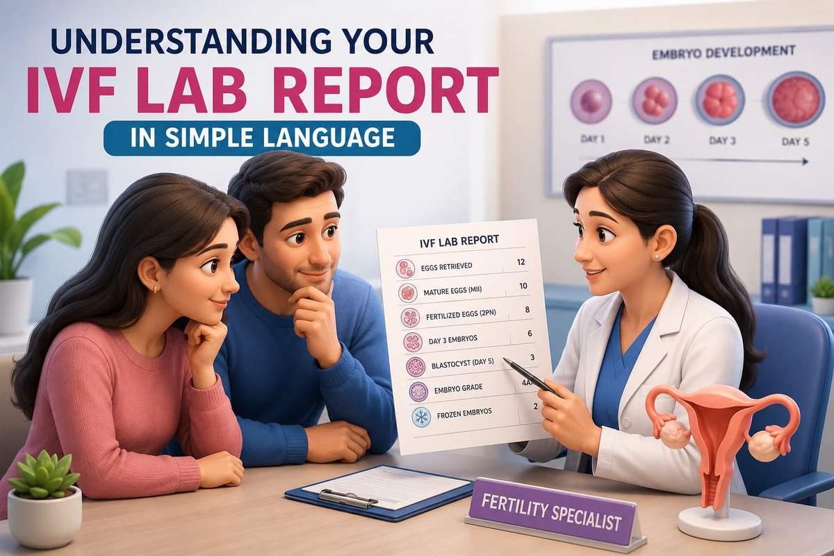 Doctor explaining an IVF lab report to an Indian couple, showing embryo grading, egg retrieval, and fertilization results