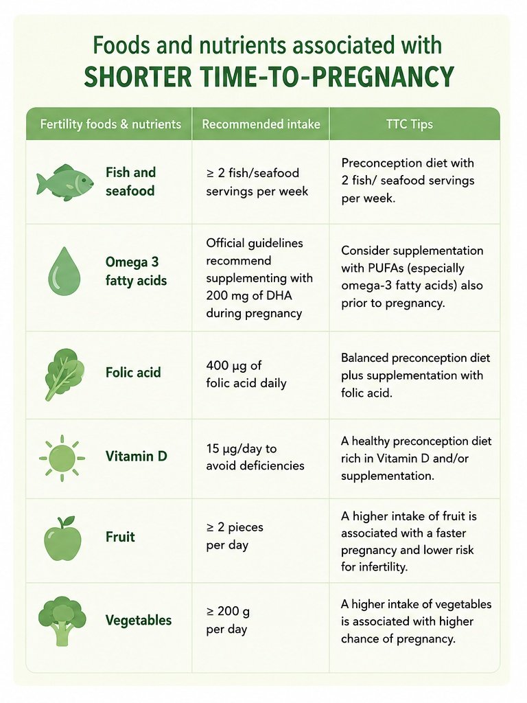 Food and nutrients associated with shorter time to pregnancy